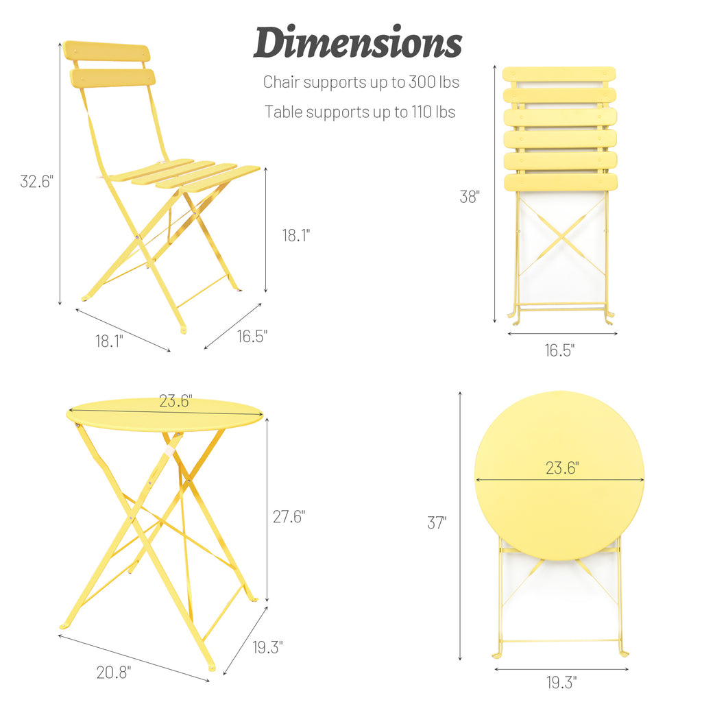 Leoglint 3 Pieces Patio Bistro Balcony Metail Outdoor Chair Table Set-Yellow