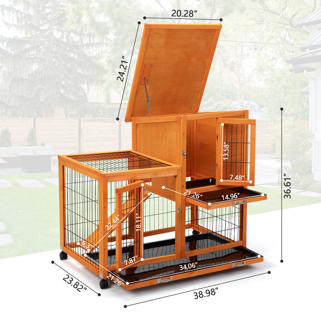 Leoglint Detachable Rabbit Hutch with Removable Tray and Rolling Casters, Orange