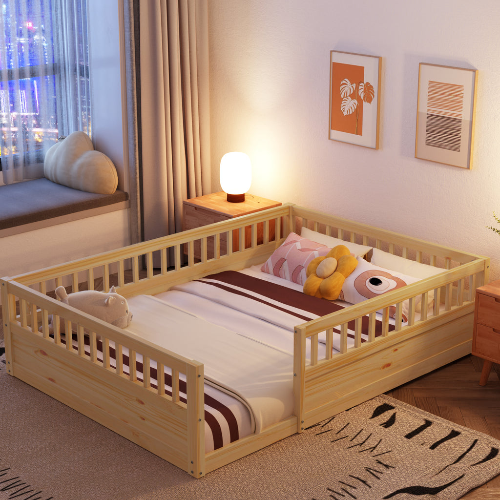 Leoglint Full Floor Bed Frame with Fence, Wood Kids Floor Beds Frame for Bedroom Playroom,Natural(Expect arrive date Jul. 10th)