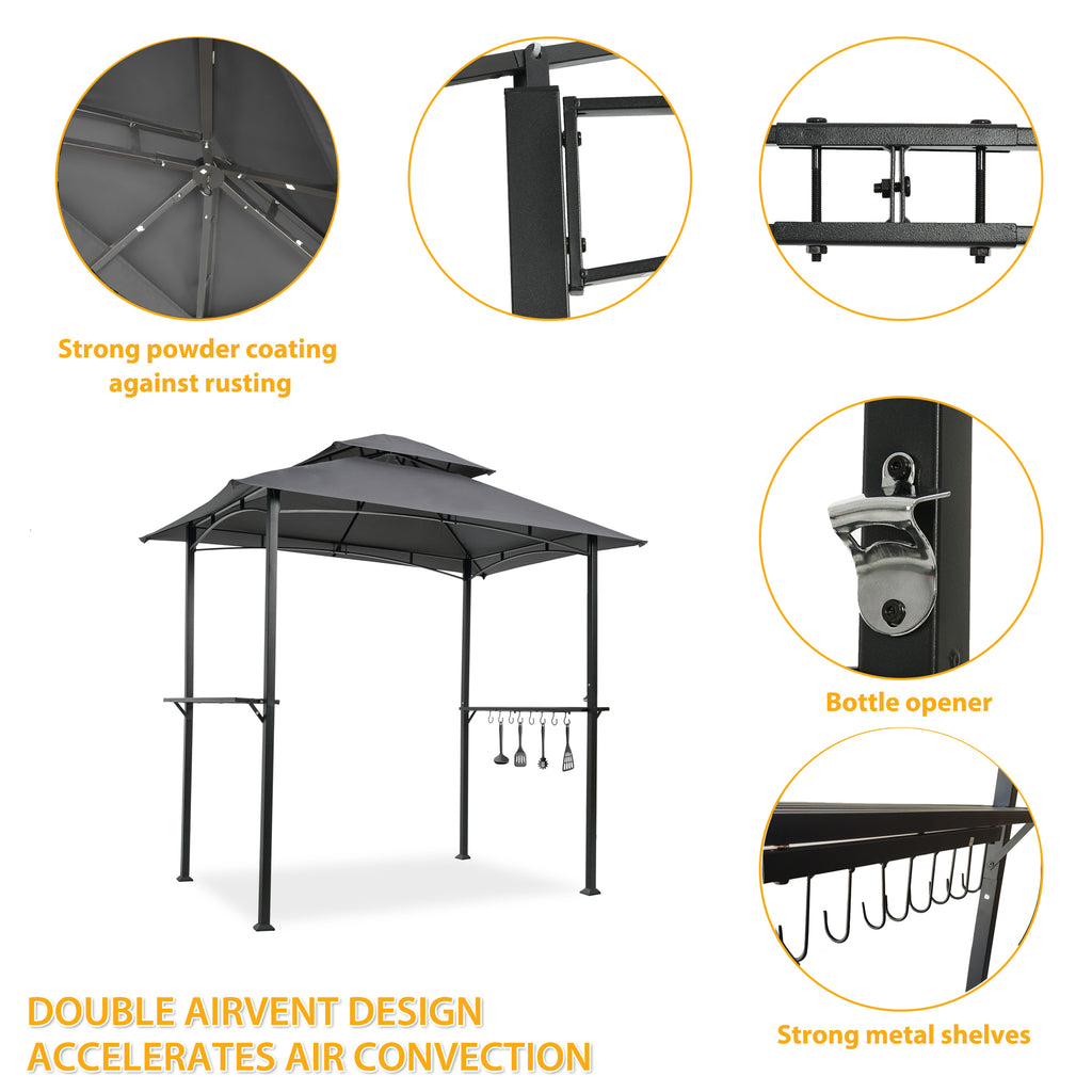 Leoglint Outdoor Umbrella Grill Gazebo 8 x 5 Ft, Shelter Tent, Double Tier Soft Top Canopy and Steel Frame with hook and Bar Counters, Grey