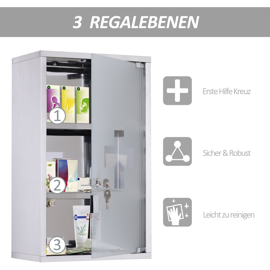 Leoglint kleankin Wall Mounted Medicine Cabinet, Locking Wall Cabinet with 3 Tier Shelves, Stainless Steel Frame and Glass Door, Lockable with 2 Keys, Silver, 12" x 20"