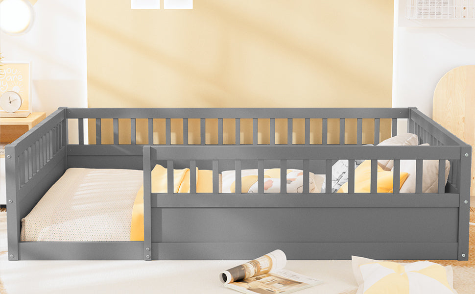 Leoglint Full Floor Bed Frame with Fence, Wood Kids Floor Beds Frame for Bedroom Playroom,Gray(Expect arrive date Jul. 10th)