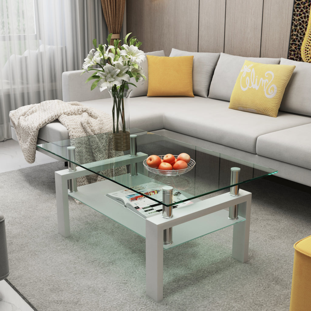 Leoglint White Coffee Table, Clear Coffee Table, Modern Side Center Tables for Living Room, Living Room Furniture