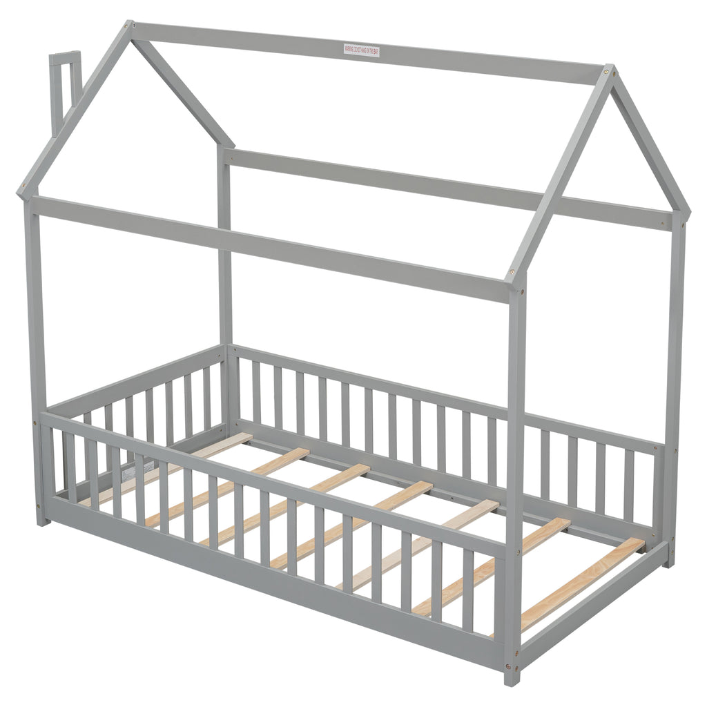 Twin House Bed Frame with Guardrails, Slats ,Grey