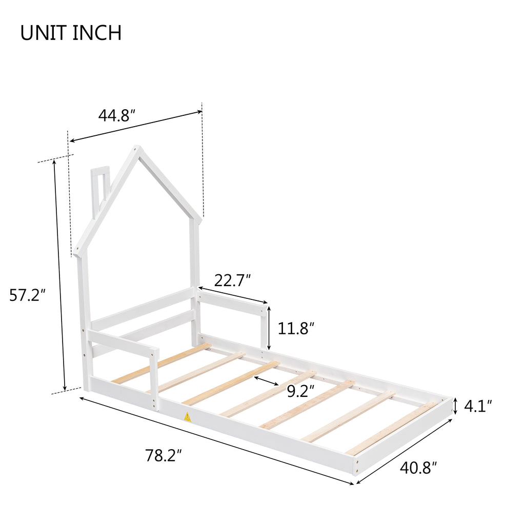 Twin House-Shaped Headboard Floor Bed Frame with Handrails ,slats,White