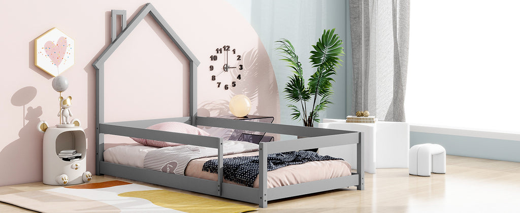 Twin Size Wood bed Frame with House-shaped Headboard Floor bed with Fences,Grey