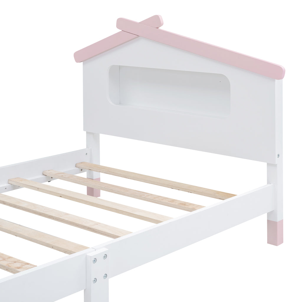 Leoglint Twin Size Wood Platform Bed Frame with House-shaped Headboard and Motion Activated Night Lights (White+Pink)