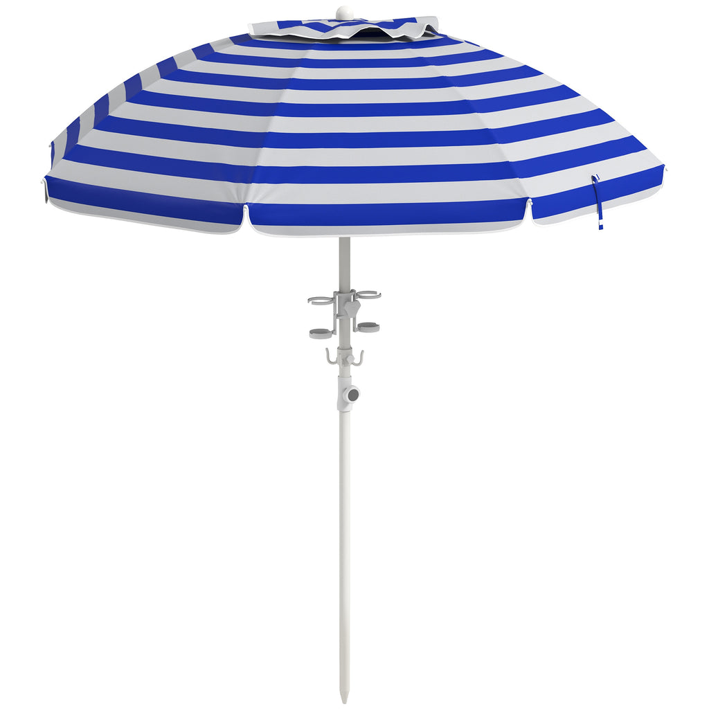 Leoglint 5.7' Portable Beach Umbrella with Tilt, Adjustable Height, 2 Cup Holders & Hooks, UV 40+ Ruffled Outdoor Umbrella with Vented Canopy, Blue White Stripe