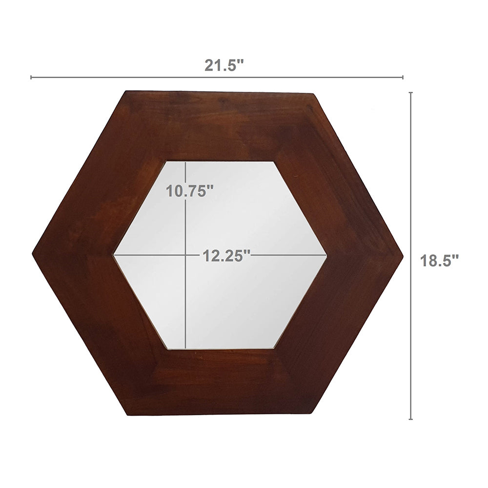 Leoglint 18.5" x 18.5" Hexagon Mirror with Solid Wood Frame, Wall Decor for Living Room Bathroom Hallway, Dark Brown