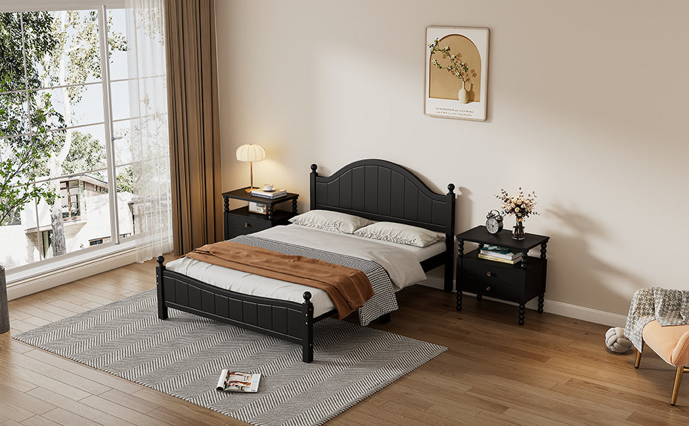 Traditional Concise Style Black Solid Wood Platform Bed Frame, No Need Box Spring, Full