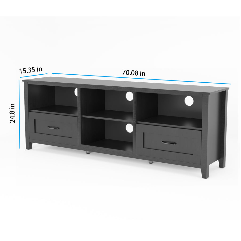 Leoglint 70.08 Inch Length Black TV Stand for Living Room and Bedroom, with 2 Drawers and 4 High-Capacity Storage Compartment.