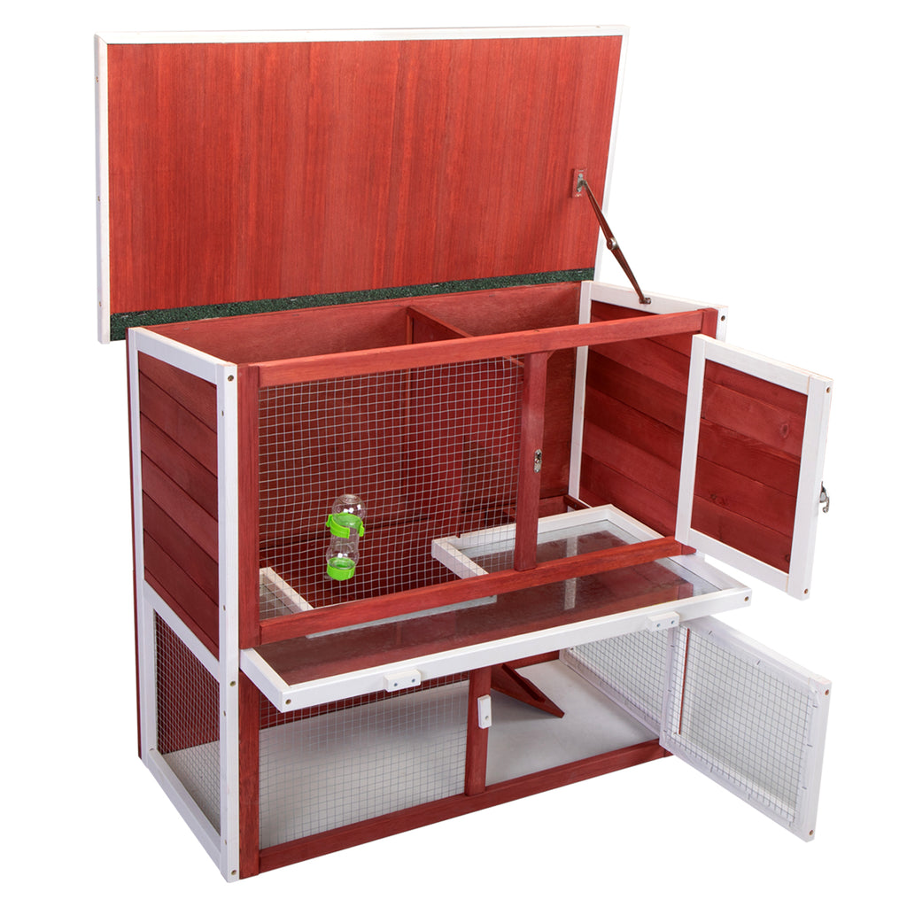 Leoglint Wood Rabbit Hutch, Pet Playpen with 2 Stories, Ramp, Doors, Pull-out Tray, Water Bottle, Outdoor Enclosure for Small Animals Bunnies, Red and White