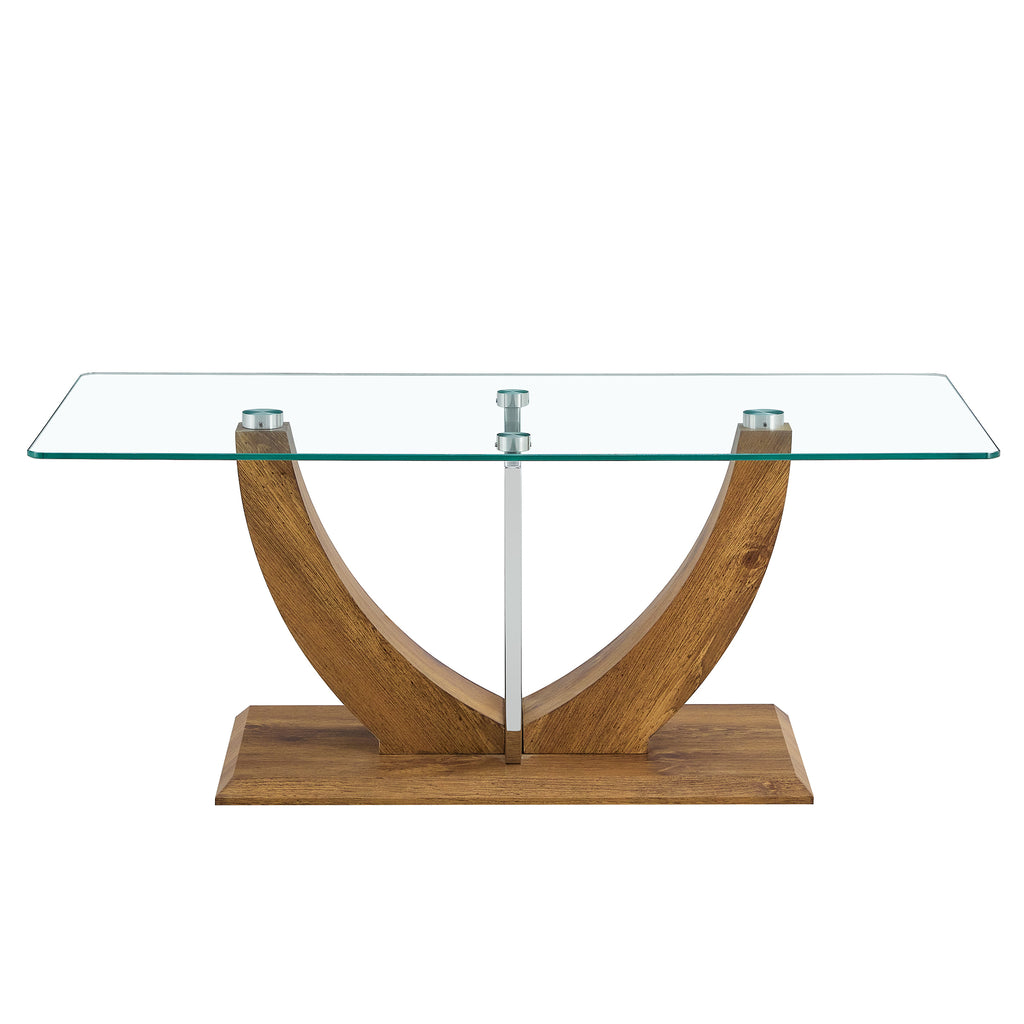 Leoglint Modern minimalist transparent tempered glass coffee table with wooden MDF legs and stainless steel decorative columns. Computer desk. Game table. CT-907