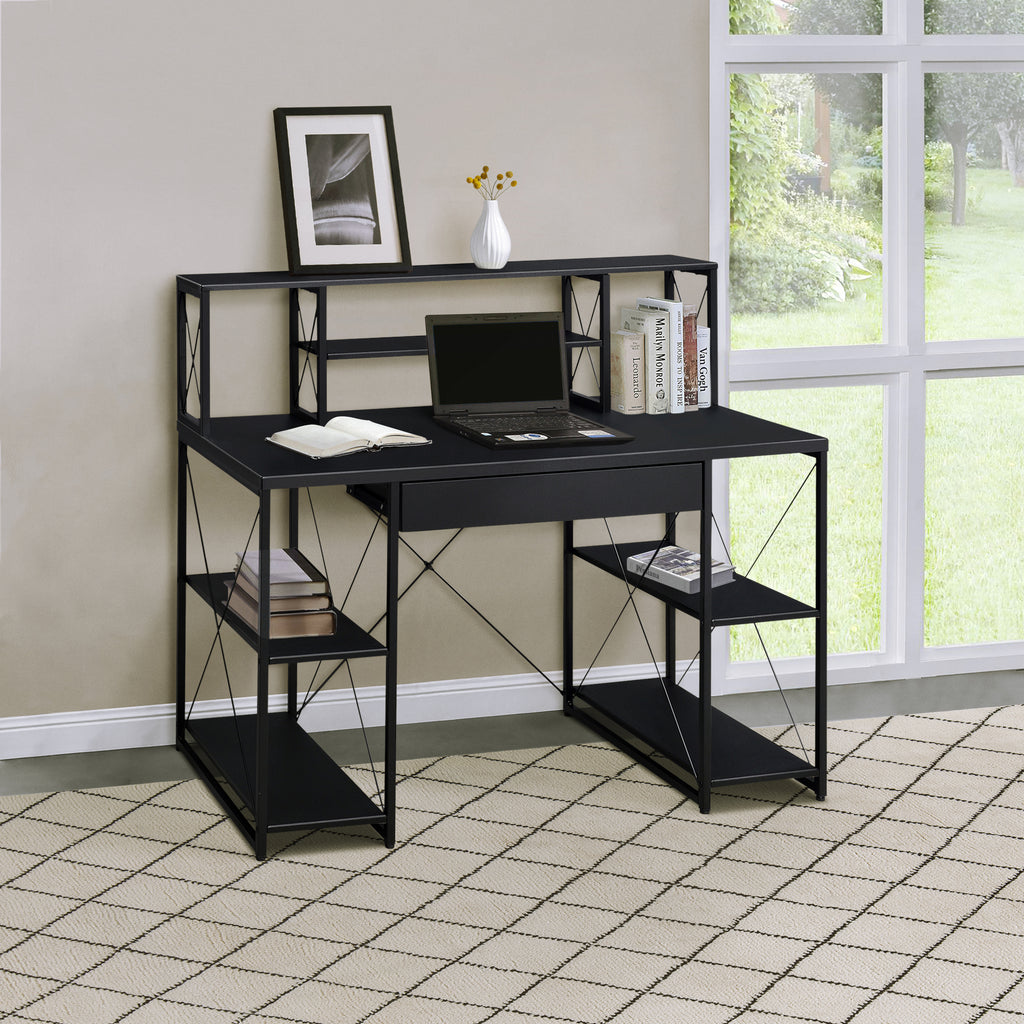 Leoglint Black Office Desk with Open Shelves and Hutch