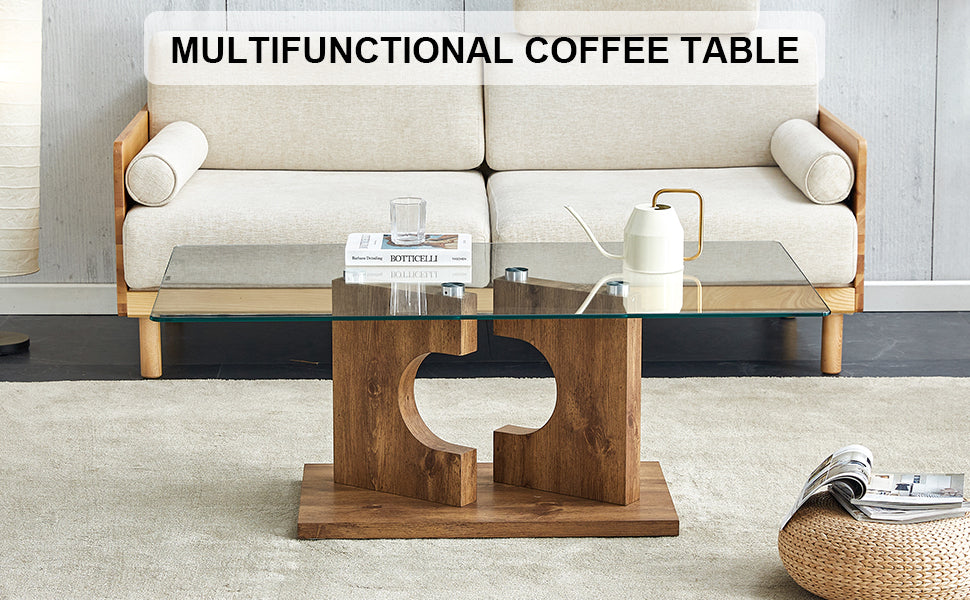 Leoglint A rectangular modern and fashionable coffee table with tempered glass tabletop and wooden color MDF legs. Suitable for living room.47.2"*25.5"*18"