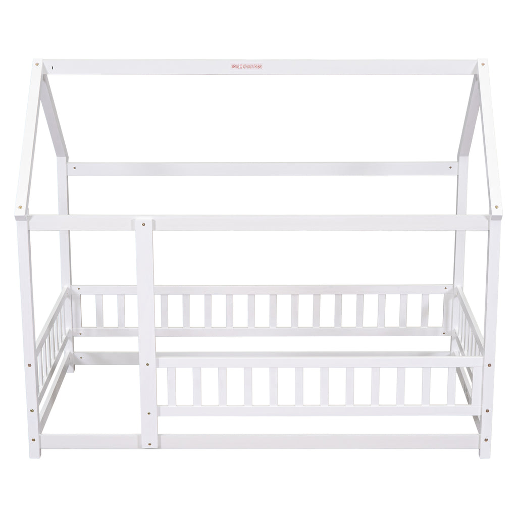 Leoglint Twin Size Floor Wooden Bed Frame with House Roof Frame, Fence Guardrails,White(Old SKU:W1791106615)