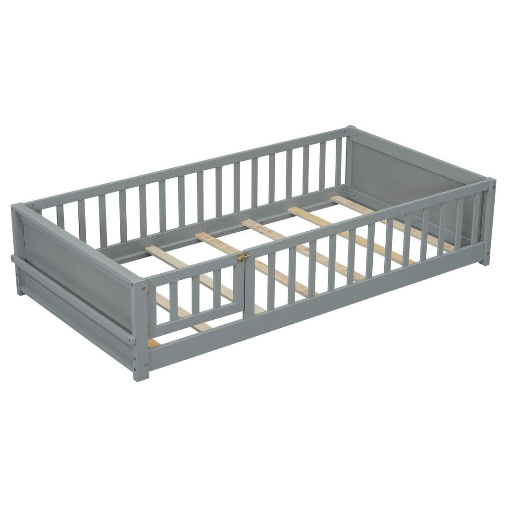 Leoglint Twin size Floor Platform Bed Frame with Built-in Book Storage Rack, Door,Grey