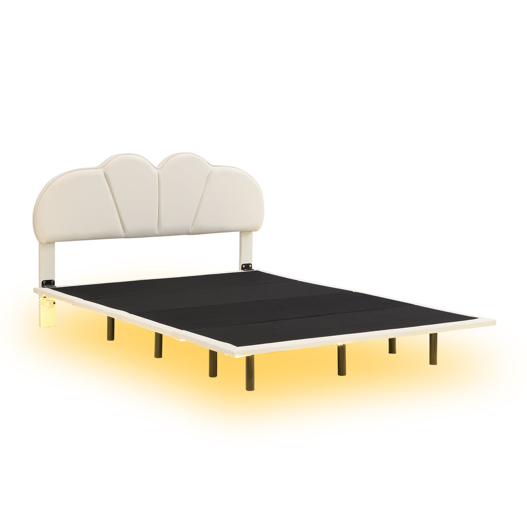 Queen Size Upholstery LED Floating Bed Frame with PU Leather Headboard and Support Legs,Beige