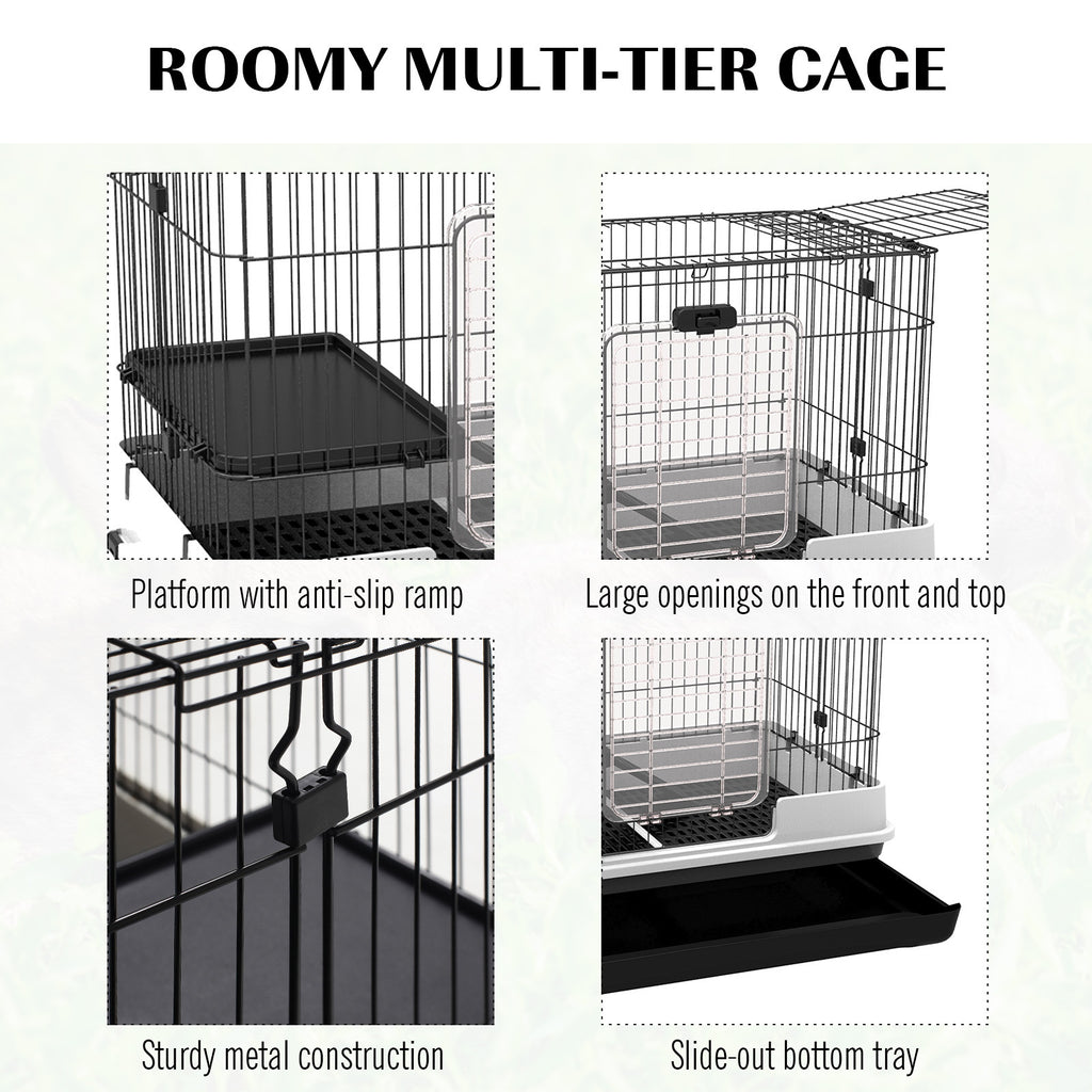 Leoglint 2-Level Small Animal Cage Rabbit Hutch with Wheels, Removable Tray, Platform and Ramp for Bunny, Chinchillas, Ferret, Black