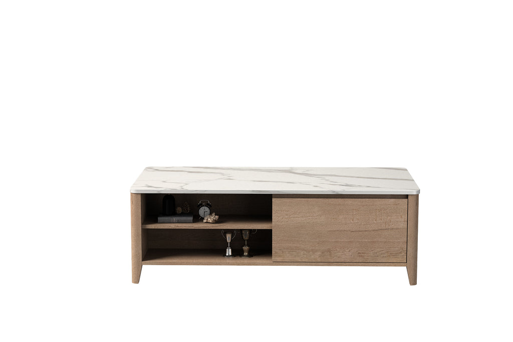 Leoglint 47 Inch Modern Farmhouse Double Drawer Coffee Table for Living Room or Office , Tobacco Wood and White Marble