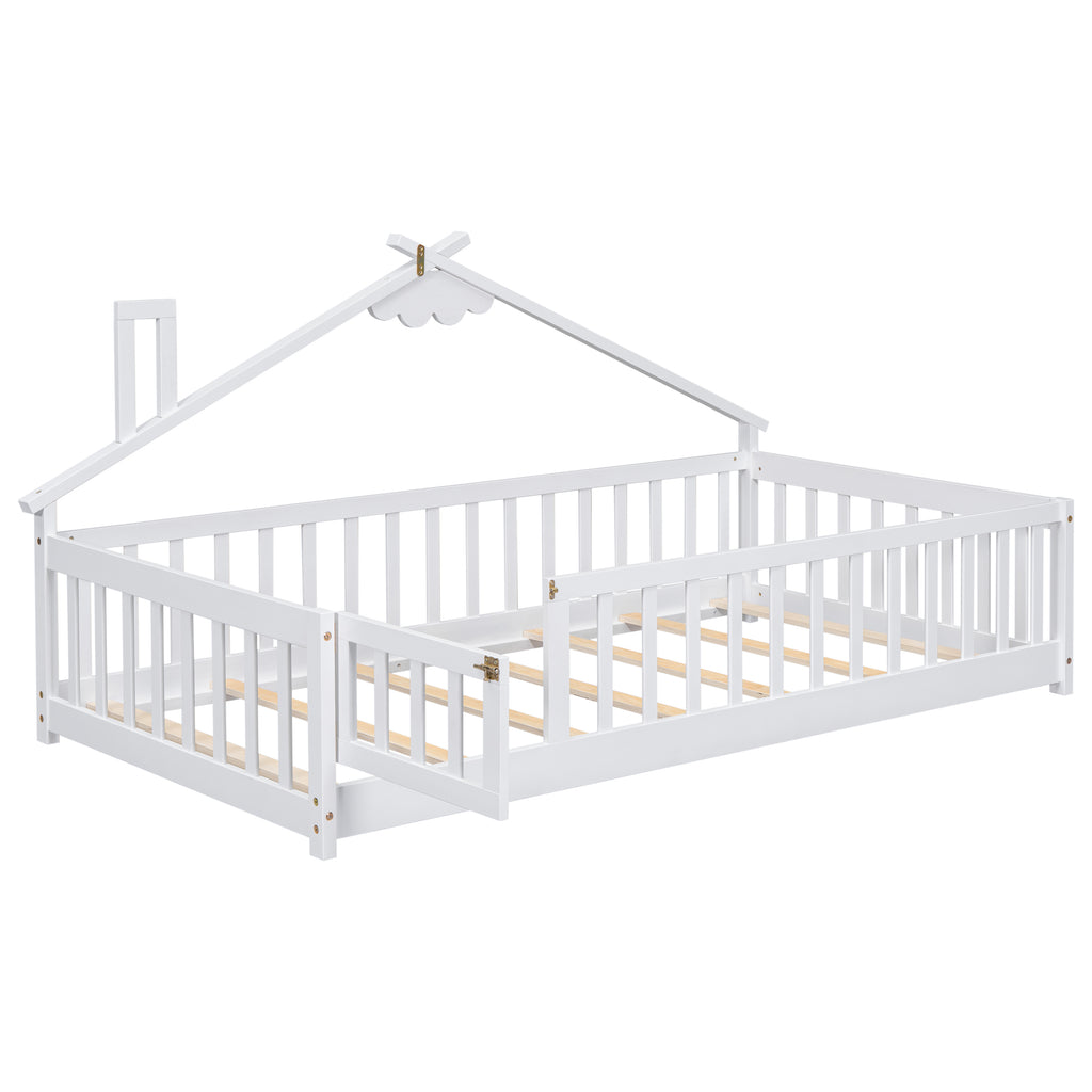 Twin House-Shaped Bedside Floor Bed Frame with Guardrails, Slats, with Door,White