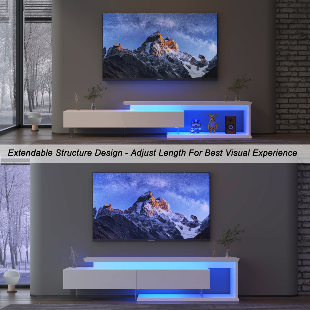 Leoglint TV Console with Storage Cabinets, Extendable LED TV Stand with Remote Control, Multiple Modes Changing Lights Modern Entertainment Center with Chamfer Edge Shape, White