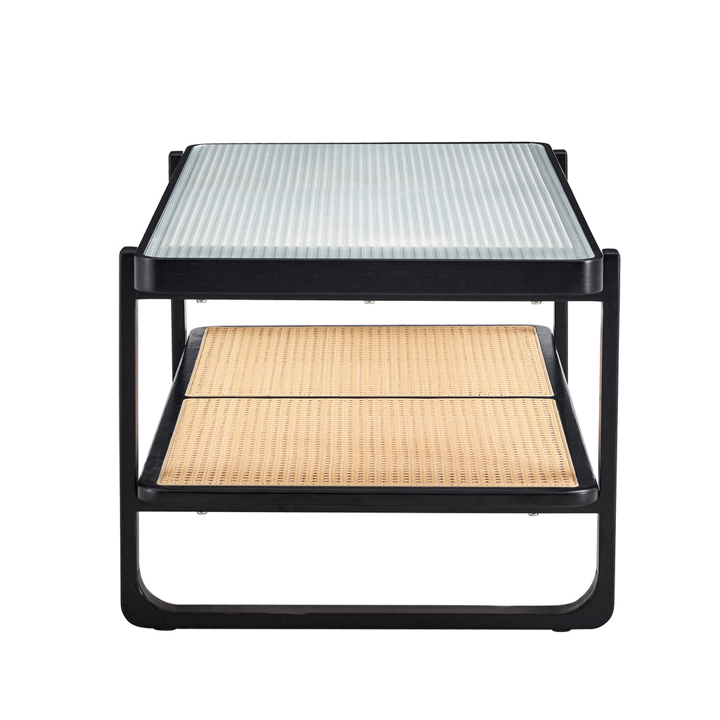 Leoglint Modern minimalist rectangular double layer black solid wood imitation rattan coffee table with a Chinese style side table with craft glass tabletop, suitable for living rooms, restaurants, bedrooms