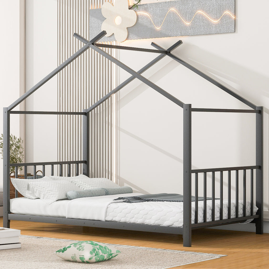 Leoglint Twin Size Metal House Platform Bed Frame, Black