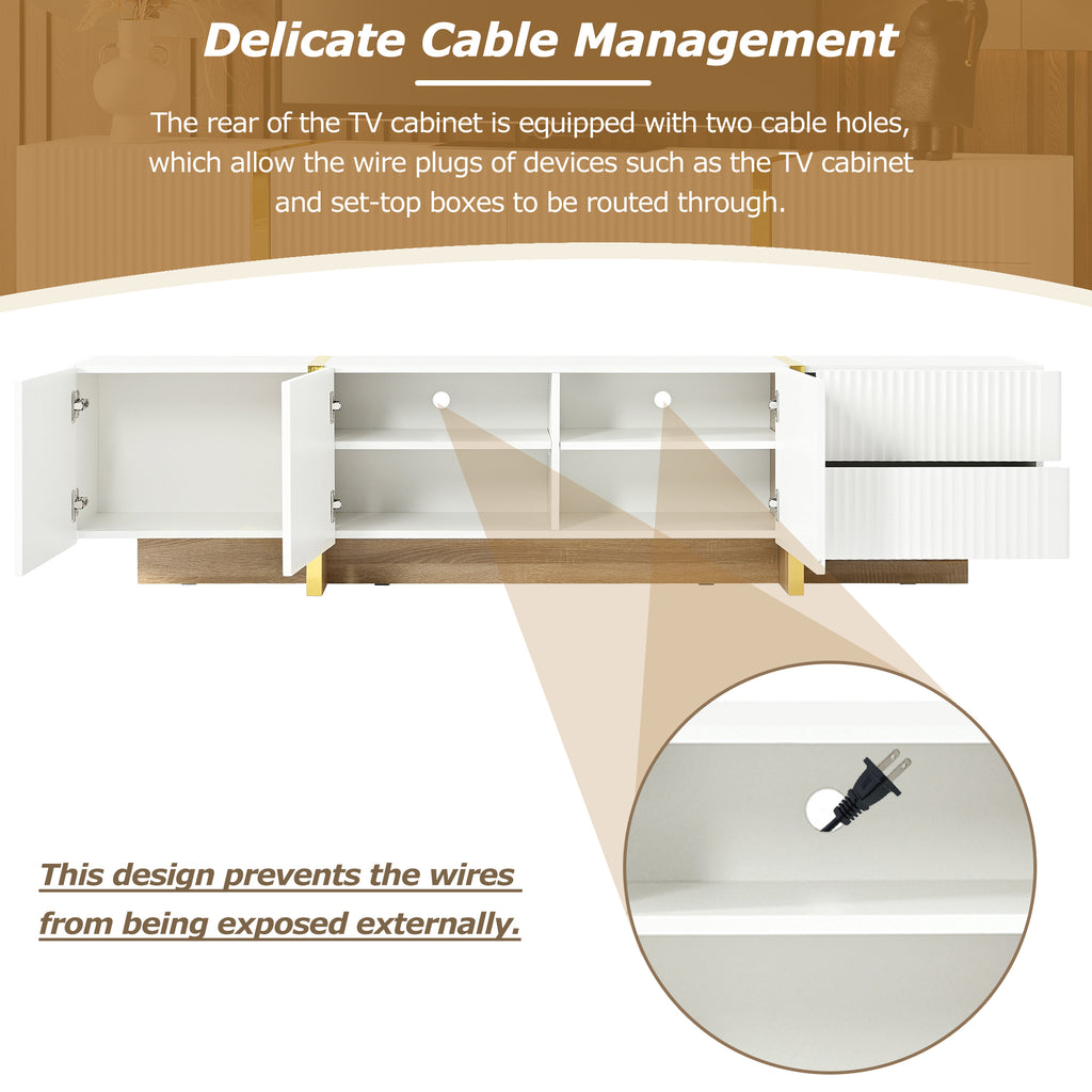 Leoglint ON-TREND Luxury Fluted TV Stand for TVs Up to 80'', Modern Entertainment Center with Storage Cabinets & Drawers, Smooth Media Console with Golden Wood Grain Legs for Living Room, White