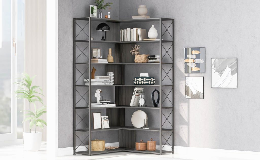 Leoglint Silver+Grey 7-Tier Bookcase Home Office Bookshelf,  L-Shaped Corner Bookcase with Metal Frame, Industrial Style Shelf with Open Storage, MDF Board