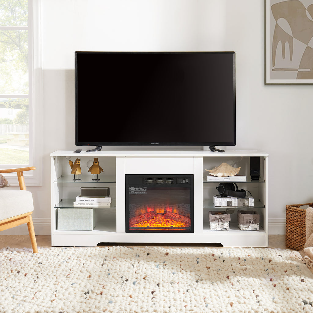 Leoglint TV Stand Electric Fireplace TV Stand with Glass Shelves, 3D Fireplace TV Stand with LED Lights Wood with USB Charging Outlet Modern Television Table Center for TV up to 32-62" White 58''W*15.5''D*24.4