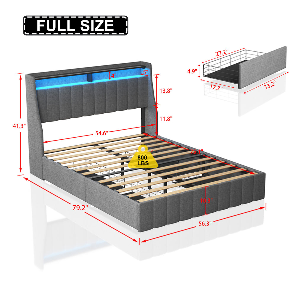 Leoglint Full Size Bed Frame with LED, 4 Under-bed Portable Storage Drawers, Wings Headboard Design, Light Grey