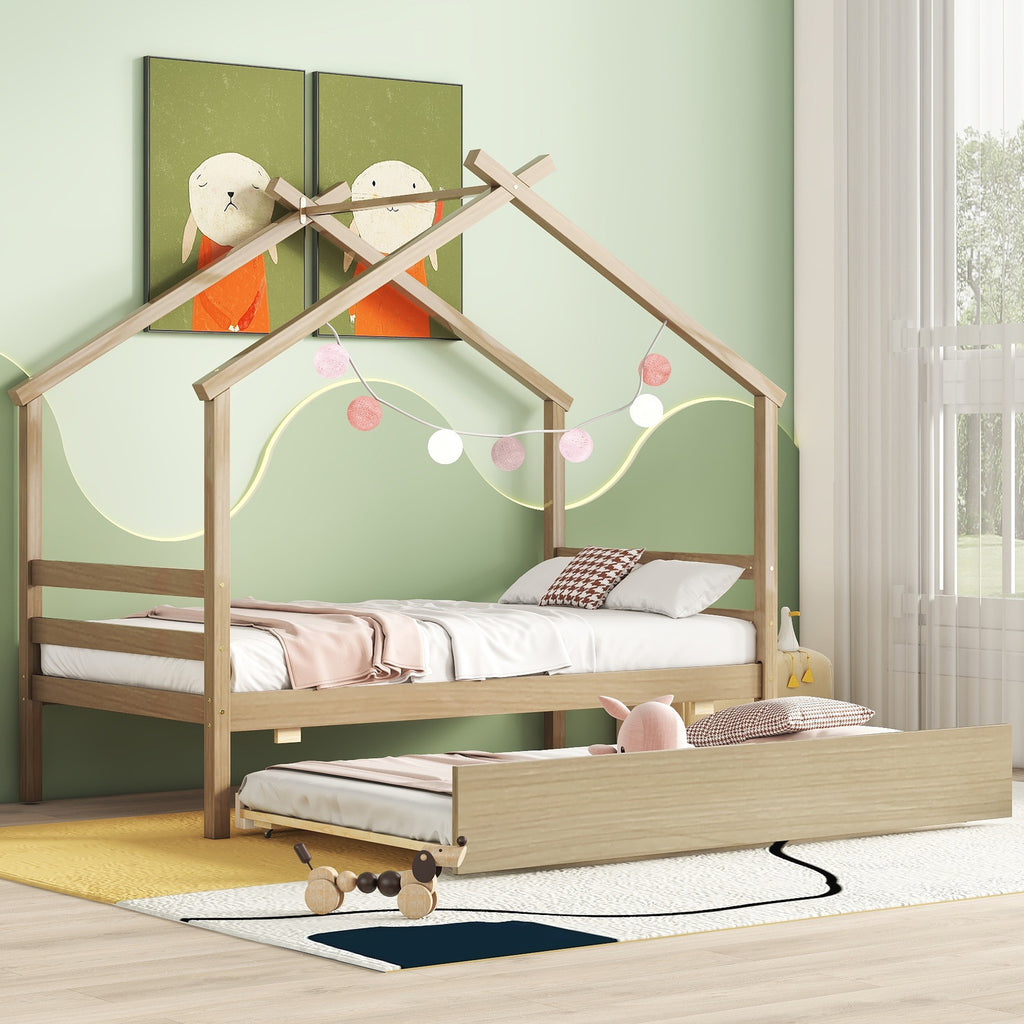 Leoglint Twin Size  House-shaped Bed Frame with Trundle,Natural