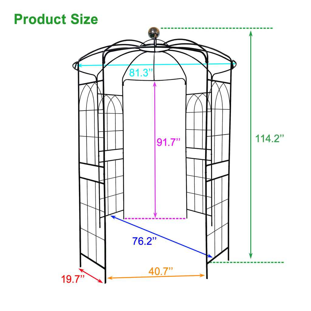 Leoglint Metal Garden Trellis Iron Garden Arbors Gazebo Dia81.3'' x 114.2'' High Birdcage Shape Pergola Pavilion for Wedding CeremonyOutdoor Black