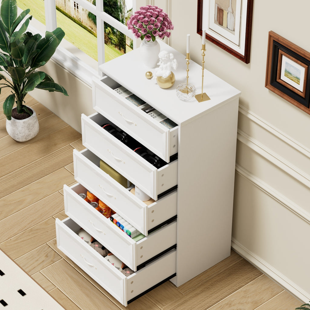 Leoglint Modern 5 Tier Bedroom Chest of Drawers, Dresser with Drawers,Drawer Chest, Clothes Organizer -Metal Pulls for Living Room, Bedroom, Hallway, White, 25.2″L x 15.8″W x 43.5″H