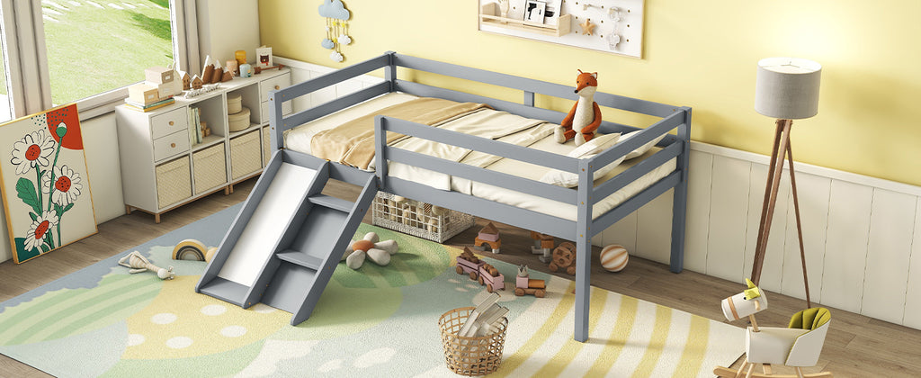 Twin Low Loft Bed Frame with Slide,  Ladder, Safety Guardrails, No Box Spring Needed,Grey