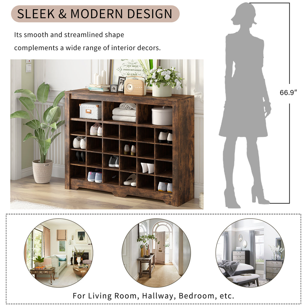 Leoglint ON-TREND Sleek Design 24 Shoe Cubby Console, Modern Shoe Cabinet with Curved Base, Versatile Sideboard with High-quality for Hallway, Bedroom, Living Room, Rustic Brown