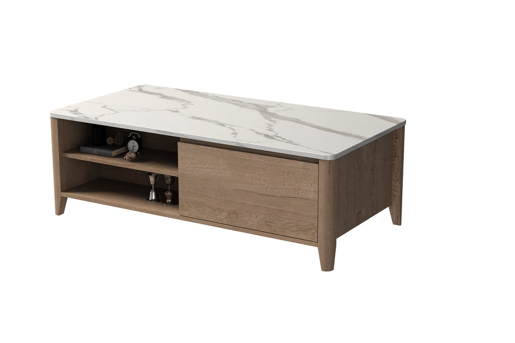 Leoglint 47 Inch Modern Farmhouse Double Drawer Coffee Table for Living Room or Office , Tobacco Wood and White Marble