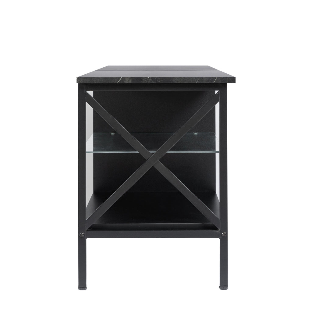 Leoglint TV stand,Iron TV cabinet,entertainment center, TV set, media console, with LED lights, remote control,toughened glass stand,can be placed in the living room, bedroom, color:black with marble texture