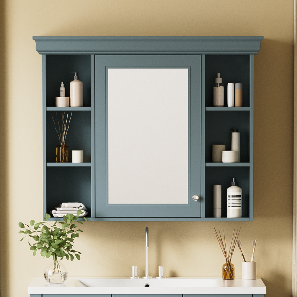 Leoglint 35'' x 28'' Blue Wall Mounted Bathroom Storage Cabinet with Mirror Door, Modern Bathroom Wall Cabinet with Mirror, Medicine Cabinet with 6 Open Shelves