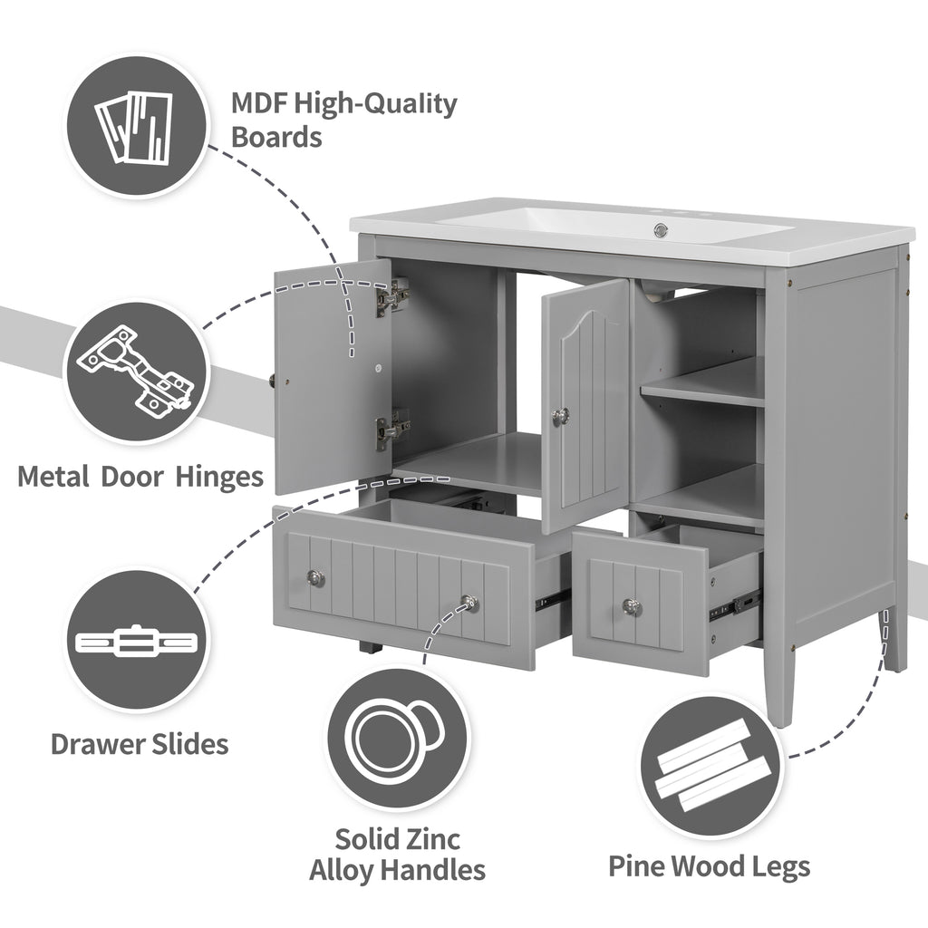 Leoglint 36" Bathroom Vanity Base Only, Solid Wood Frame and MDF Boards, Grey