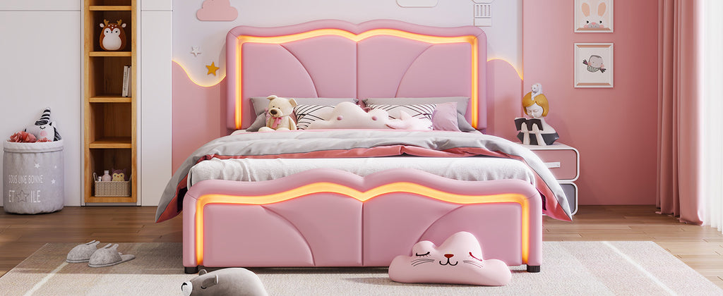 Leoglint Full Size Upholstered Platform Bed Frame with Curve Shaped and Height-adjustbale Headboard,LED Light Strips,Pink