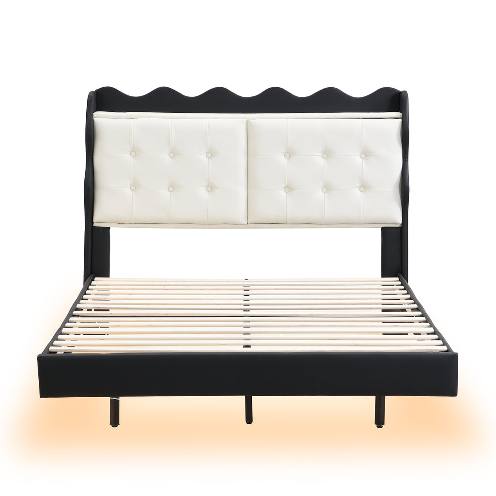 Leoglint Full Size Upholstery Platform Bed Frame with LED Light Strips and Built-in Storage Space,Black