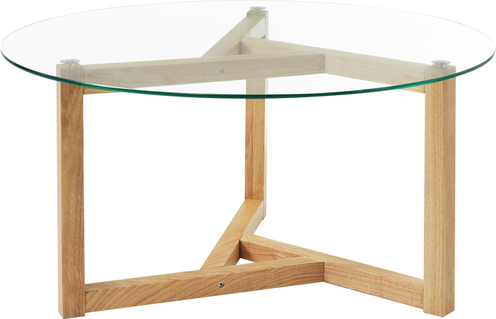 Leoglint [New Picture] ON-TREND Round Glass Coffee Table Modern Cocktail Table Easy Assembly with Tempered Glass Top & Sturdy Wood Base, Natural (OLD SKU: WF190112AAL)