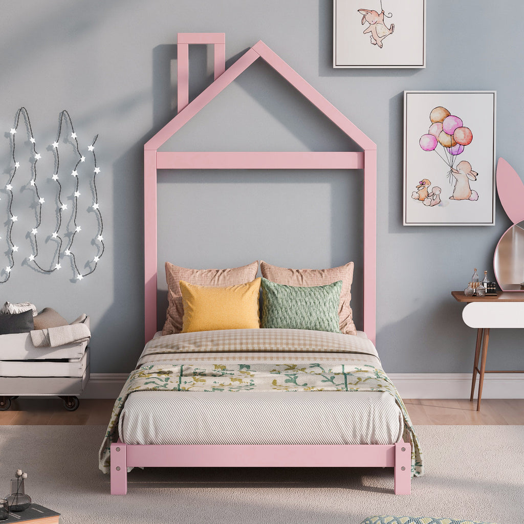 Leoglint Twin Size Wood Platform Bed Frame with House-shaped Headboard  (Pink)