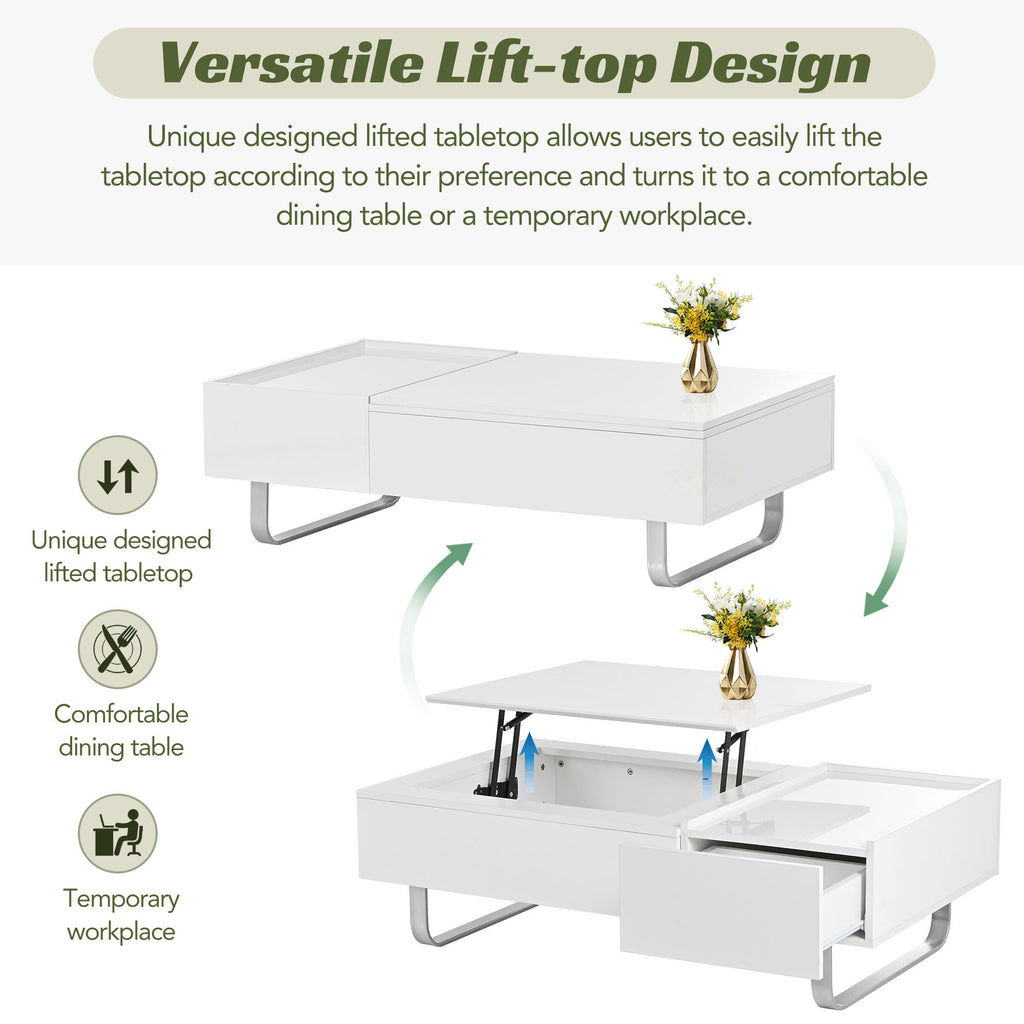 Leoglint [VIDEO provided] ON-TREND Multi-functional Coffee Table with Lifted Tabletop, Contemporary Cocktail Table with Metal Frame Legs, High-gloss Surface Dining Table for Living Room, White