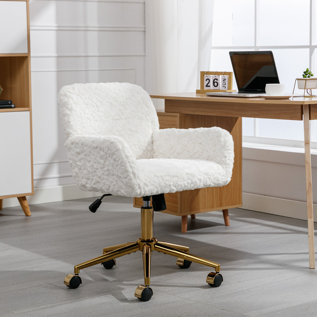 Leoglint A&A Furniture Office Chair,Artificial rabbit hair Home Office Chair with Golden Metal Base,Adjustable Desk Chair Swivel Office Chair,Vanity Chair(Beige)