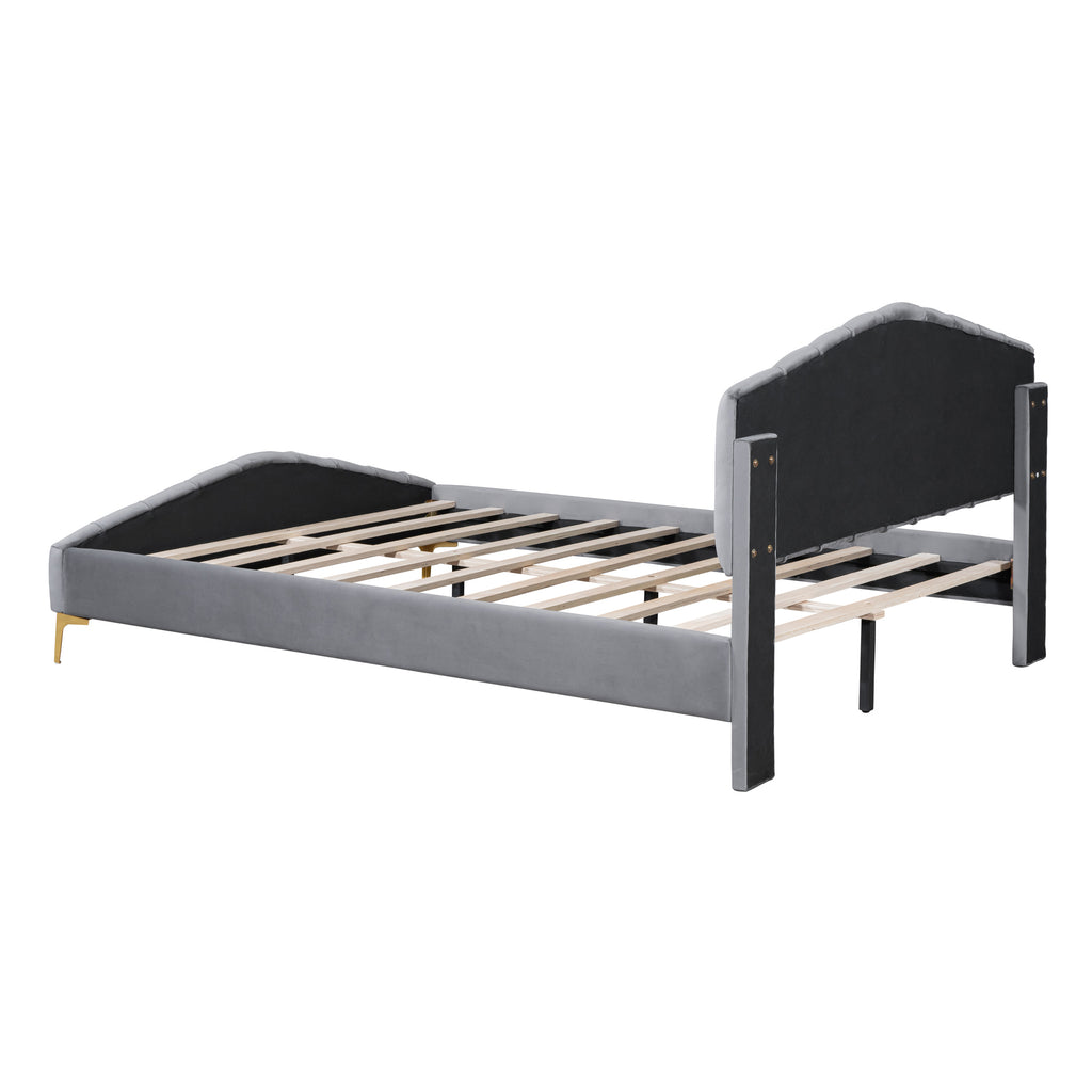 Queen Size Velvet Platform Bed Frame with Thick Fabric, Stylish Stripe Decorated Bedboard and Elegant Metal Bed Leg, Gray