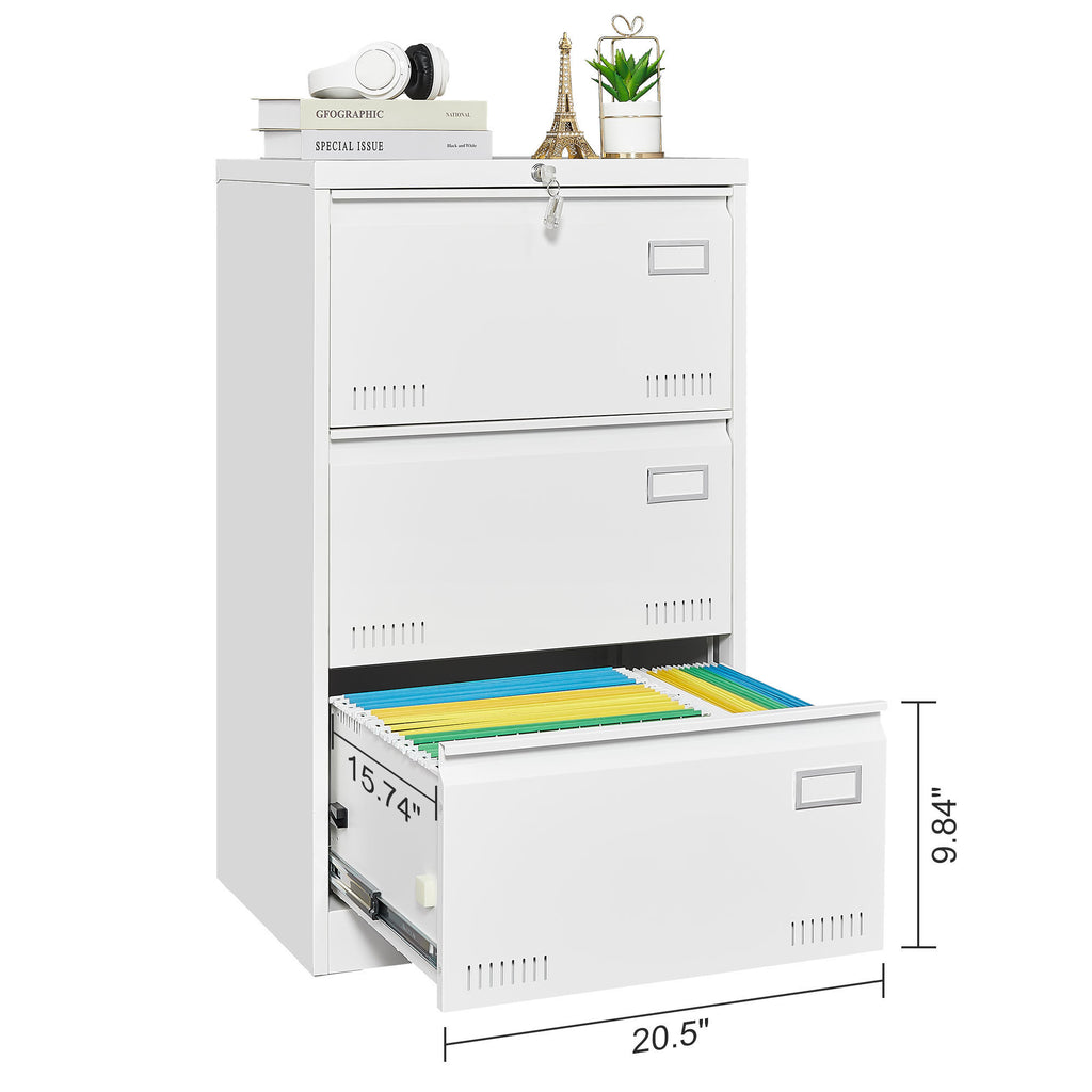 Leoglint Filing Cabinet Lateral File Cabinet 3 Drawer, White Filing Cabinets with Lock, Locking Metal File Cabinets Three Drawer Office Cabinet for Legal/Letter/A4/F4 Home Offic