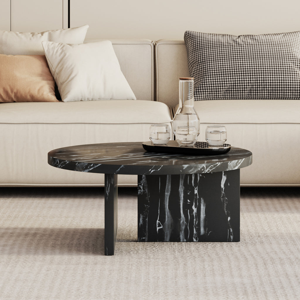 Leoglint Black MDF material circular coffee table with texture, 31.4 inch black middle table, modern tea table, suitable for small spaces, living room.